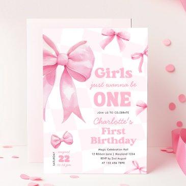 retro bow checkered first birthday invitation