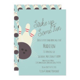 Small Retro Bowling Alley Birthday Party Teal Invitation Front View