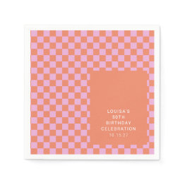 Small Retro Checkerboard Pink Orange Custom Birthday Napkins Front View
