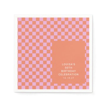 retro checkerboard pink orange custom birthday napkins
