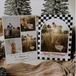 Small Retro Checkered Arch Family Photo Holiday Invitations Front View