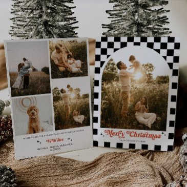 retro checkered arch family photo holiday invitations