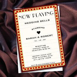 Small Retro Cinema Theater Marquee Sign Red Wedding Invitation Front View