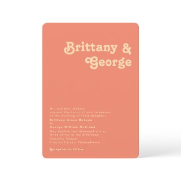 retro coral rounded corner traditional wedding invitation