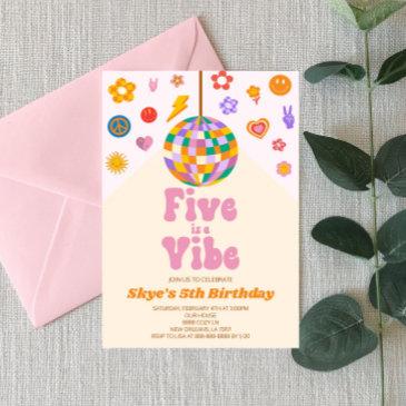 retro disco ball five is a vibe 5th birthday party invitation
