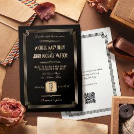 Small Retro Elegant Black Art Deco Qr Rsvp Wedding Invitation Front View