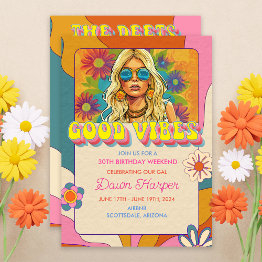 Small Retro Groovy 1960s Birthday Weekend Itinerary Invitation Front View