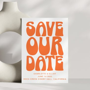 retro groovy 70s bright orange qr code wedding save the date