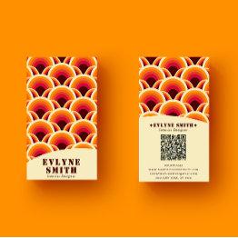 Small Retro Groovy Orange Qr Code 70s Boho Geometric Business Invitations Front View