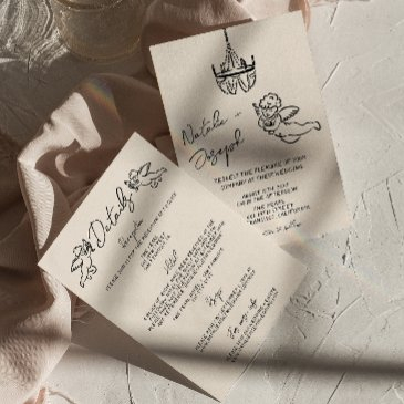 retro hand drawn written cupid all in one wedding invitation