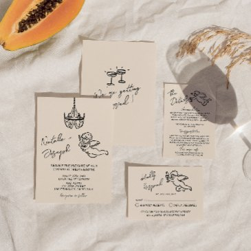retro hand drawn written cupid quirky wedding invitation