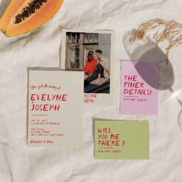 retro hand-written colorful modern unique wedding invitation