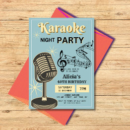 Small Retro Karaoke Night Party Teal & Cream Birthday Invitation Front View