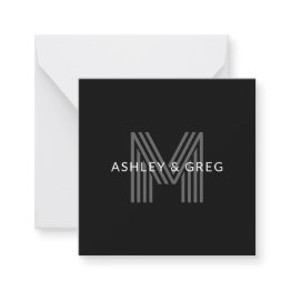 Small Retro Modern Name/s Editable Monogram Black & Gray Note Invitations Front View