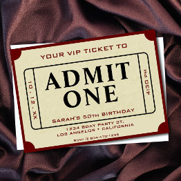Small Retro Movie Ticket Admit One 50th Birthday Party Invitation Front View