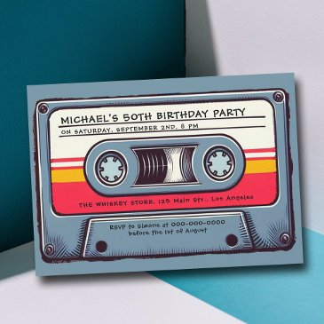 retro music 80s cassette mixtape men 50th birthday invitation