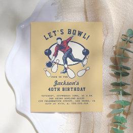 Small Retro Navy, Red & Mustard Bowling Birthday Party Invitation Postinvitations Front View
