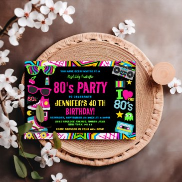 retro neon 80s birthday party vintage invitation