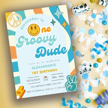 retro one groovy dude boy 1st first birthday invitation