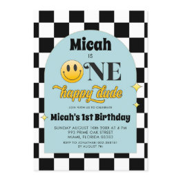 Small Retro One Happy Dude Birthday Invitation Front View