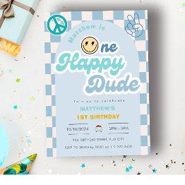 Small Retro One Happy Dude Groovy Boy 1st First Birthday Invitation Front View