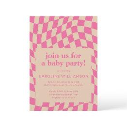 Small Retro Pink Abstract Checkerboard Baby Shower Invitation Front View