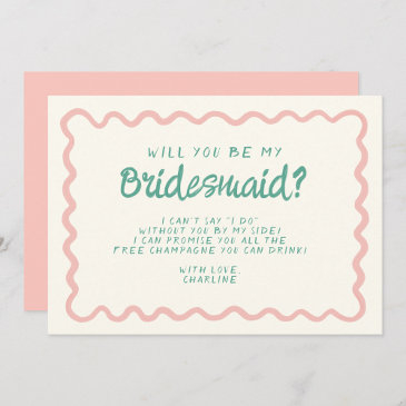 retro pink & green wavy bridesmaid proposal invitation