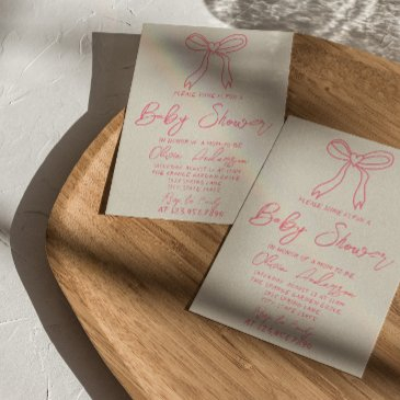 retro pink hand written heart bow baby girl shower invitation