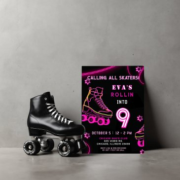 retro pink neon glow roller skate birthday invitation