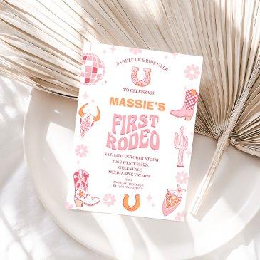 retro pink orange first rodeo 1st birthday invitation