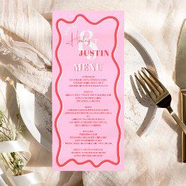 Small Retro Pink Red Curve Squiggle Wavy Wedding Menu Front View