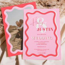Small Retro Pink Red Curve Squiggle Wavy Wedding Photo Invitation Front View