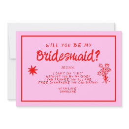 Small Retro Pink &red Handwriting Bridesmaid Proposal Invitation Front View