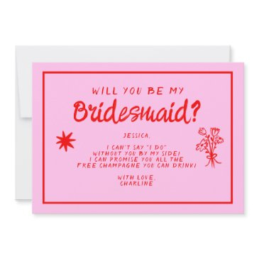 retro pink &red handwriting bridesmaid proposal invitation