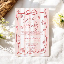 Small Retro Pink Stripes Italian-themed Ciao Baby Shower Invitation Front View