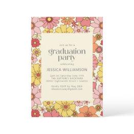 Small Retro Pink Yellow Floral Groovy Graduation Party Invitation Front View