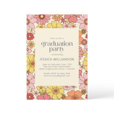 retro pink yellow floral groovy graduation party invitation