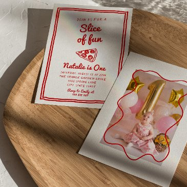 retro pizza 1st drawn slice of fun photo birthday invitation