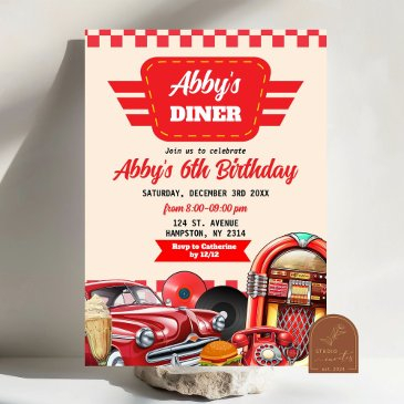 retro red car 1950s diner party invitation
