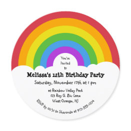 Small Retro Style Rainbow And Clouds Round Party Invitation Front View