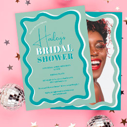 Small Retro Teal Blue Curve Squiggle Wavy Bridal Shower Invitation Front View