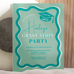 Small Retro Teal Curve Squiggle Wavy Graduation Invitation Front View