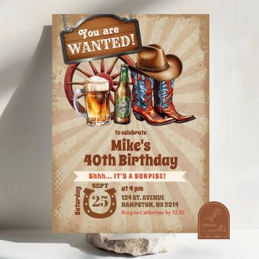 retro vintage beers boots cowboy adult birthday invitation