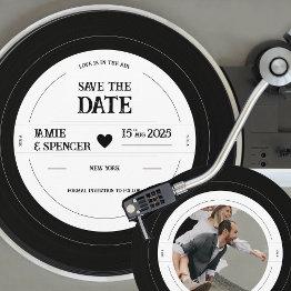 Small Retro Vinyl Record Photo Wedding Save The Date Invitation Front View