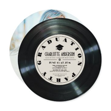 retro vinyl record tan graduation photo invitation