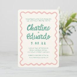 Small Retro Wavy Pink And Green Handwriting Wedding Invitation Front View