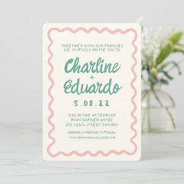 retro wavy pink and green handwriting wedding invitation