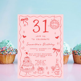Small Retro Whimsical Quirky Red Pink 31st Birthday Invitation Front View