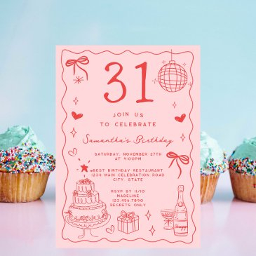 retro whimsical quirky red pink 31st birthday invitation