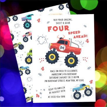 rev your engine 4th birthday monster car trucks invitation